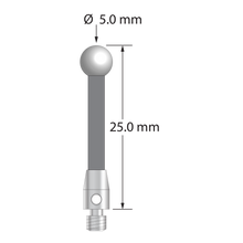 M3 stylus with 5.0 mm diameter zirconia ball, 2.5 mm diameter carbon fiber stem, and 4.0 mm diameter x 7.0 mm long stainless steel base. Overall stylus length is 25.0 mm. Stylus weight is 0.78 gram.