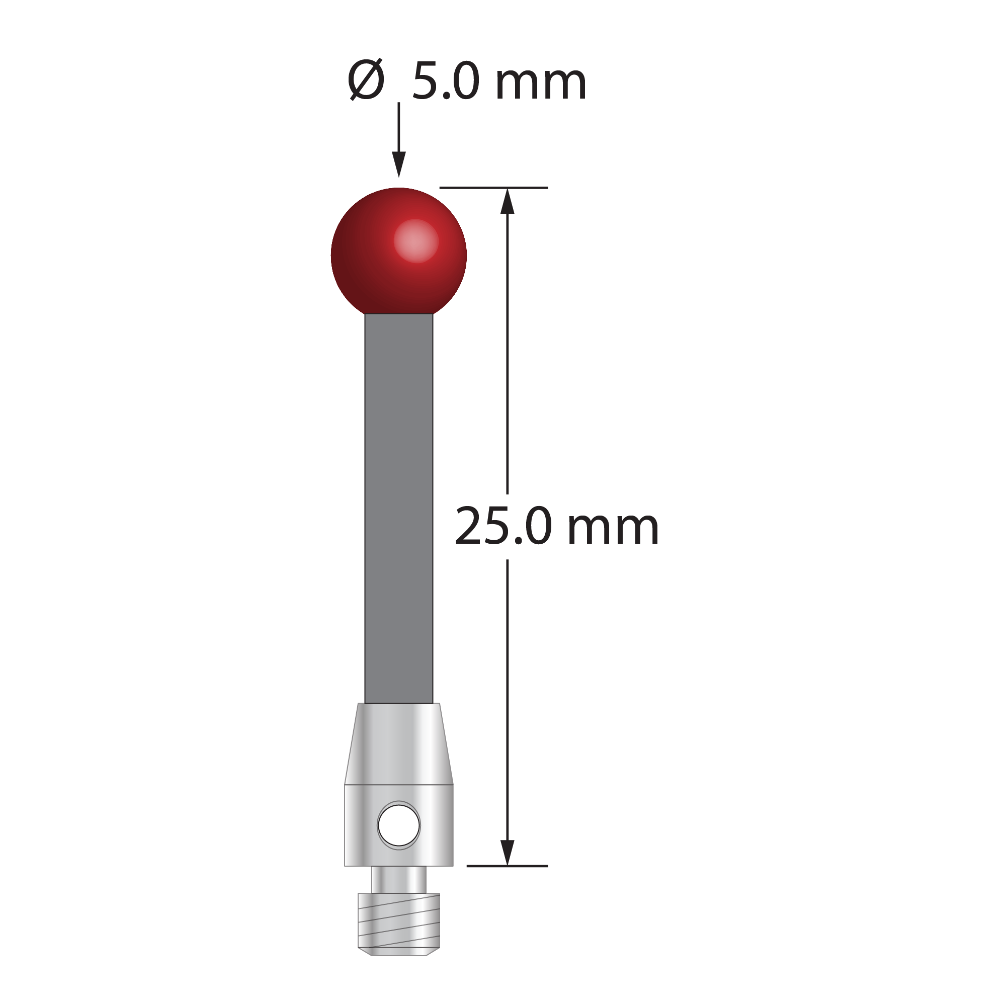 M3 stylus with 5.0 mm diameter ruby ball, 2.5 mm diameter carbon fiber stem, and 4.0 mm diameter x 7.0 mm long stainless steel base. Overall stylus length is 25.0 mm. Stylus weight is 0.78 gram.