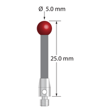 M3 stylus with 5.0 mm diameter ruby ball, 2.5 mm diameter carbon fiber stem, and 4.0 mm diameter x 7.0 mm long stainless steel base. Overall stylus length is 25.0 mm. Stylus weight is 0.78 gram.