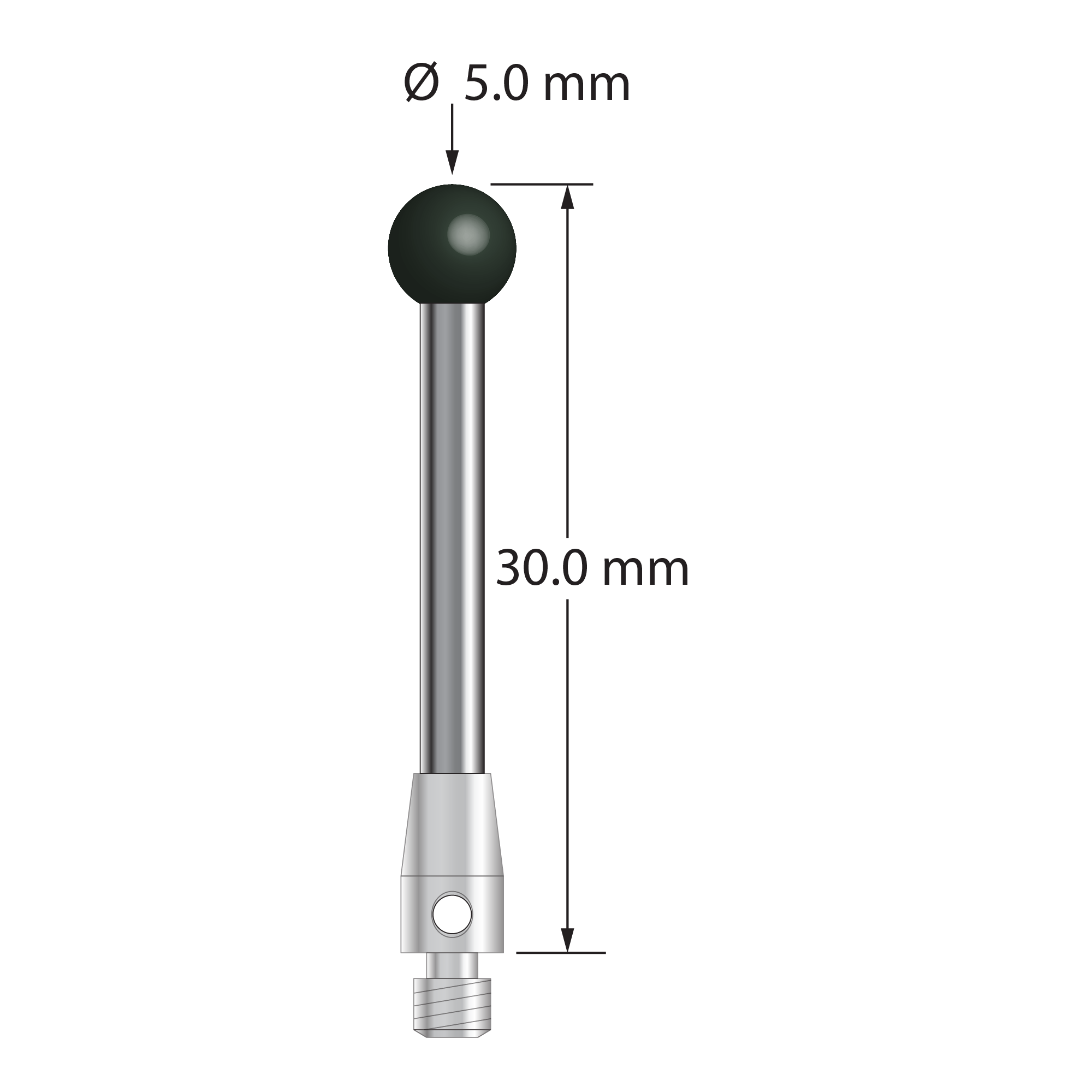 M3 stylus with 5.0 mm diameter silicon nitride ball, 2.5 mm diameter carbide stem, and 4.0 mm diameter x 7.0 mm long stainless steel base. Overall stylus length is 30.0 mm. Stylus weight is 2.38 grams.