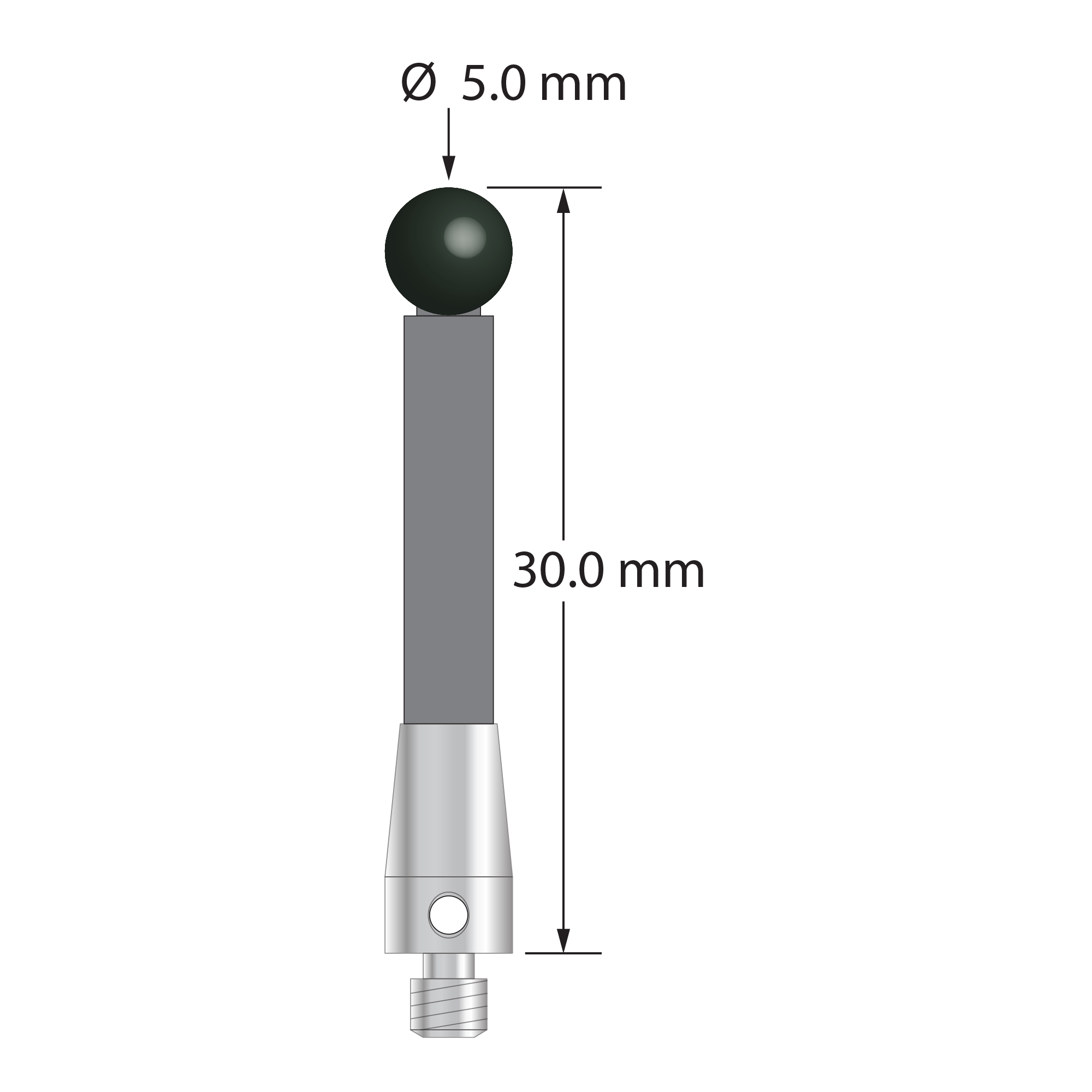 M3 stylus with 5.0 mm diameter silicon nitride ball, 3.5 mm diameter carbon fiber stem, and 5.0 mm diameter x 9.0 mm long titanium base. Overall stylus length is 30.0 mm. Stylus weight is 0.80 gram. Compare to Zeiss 626103-0502-030.