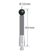 M3 stylus with 5.0 mm diameter silicon nitride ball, 3.5 mm diameter carbon fiber stem, and 5.0 mm diameter x 9.0 mm long titanium base. Overall stylus length is 30.0 mm. Stylus weight is 0.80 gram. Compare to Zeiss 626103-0502-030.