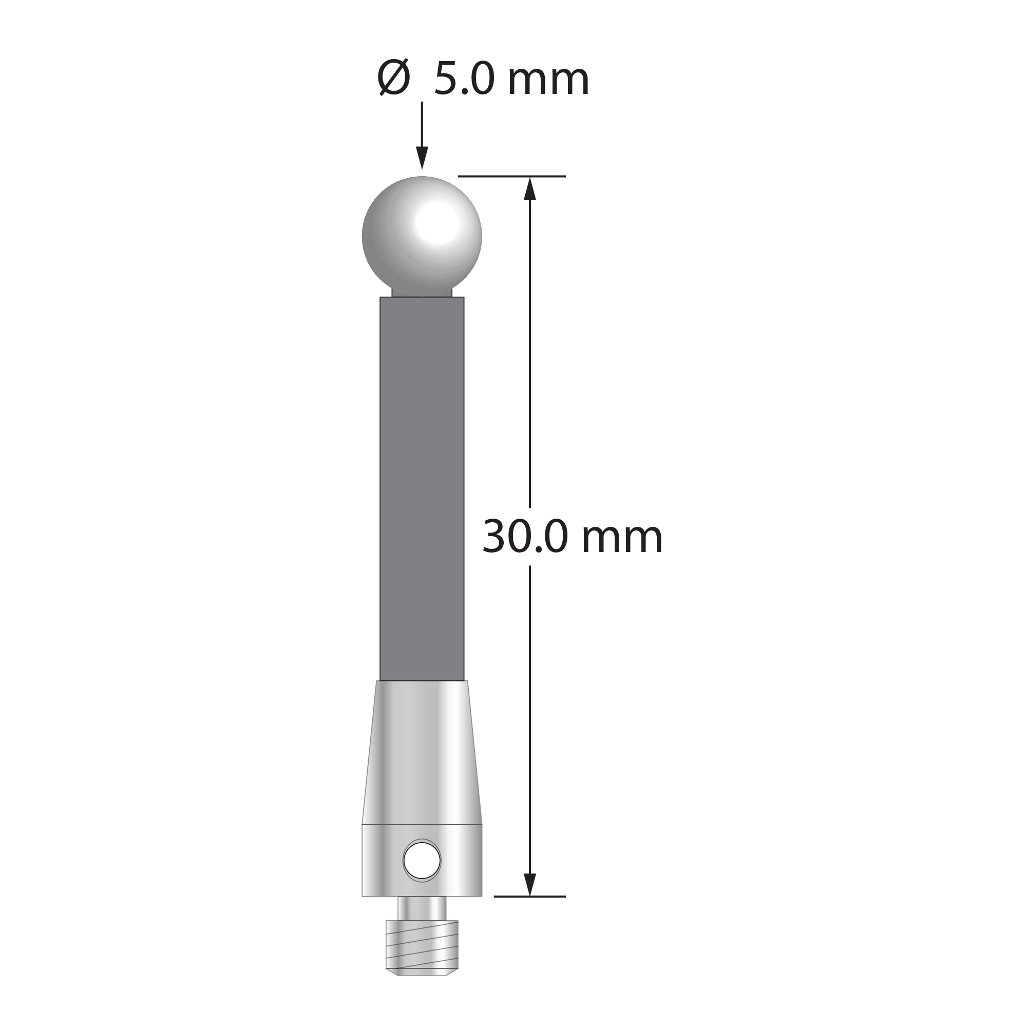 M3 stylus with 5.0 mm diameter zirconia ball, 3.5 mm diameter carbon fiber stem, and 5.0 mm diameter x 9.0 mm long titanium base. Overall stylus length is 30.0 mm. Stylus weight is 0.80 gram.