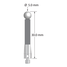 M3 stylus with 5.0 mm diameter zirconia ball, 3.5 mm diameter carbon fiber stem, and 5.0 mm diameter x 9.0 mm long titanium base. Overall stylus length is 30.0 mm. Stylus weight is 0.80 gram.
