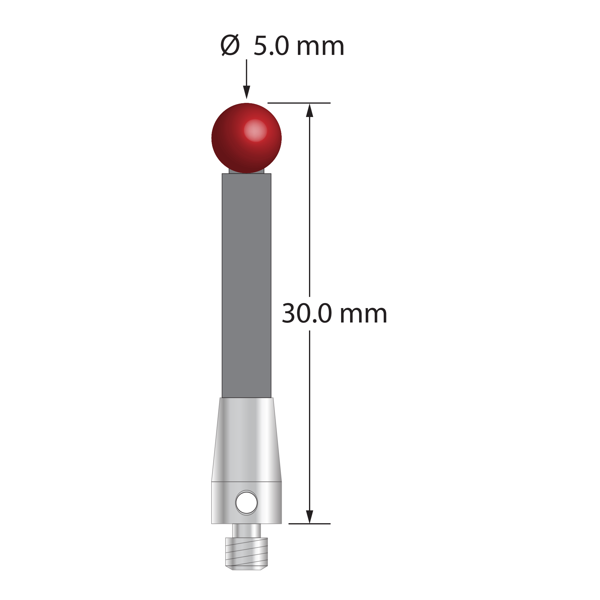 M3 stylus with 5.0 mm diameter ruby ball, 3.5 mm diameter carbon fiber stem, and 5.0 mm diameter x 9.0 mm long titanium base. Overall stylus length is 30.0 mm. Stylus weight is 0.80 gram. Compare to Zeiss 626103-0500-030 and Renishaw A-5004-2108.