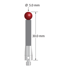 M3 stylus with 5.0 mm diameter ruby ball, 3.5 mm diameter carbon fiber stem, and 5.0 mm diameter x 9.0 mm long titanium base. Overall stylus length is 30.0 mm. Stylus weight is 0.80 gram. Compare to Zeiss 626103-0500-030 and Renishaw A-5004-2108.