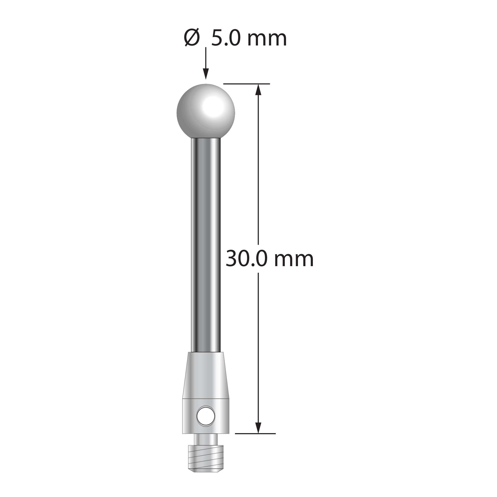 M3 stylus with 5.0 mm diameter zirconia ball, 2.5 mm diameter carbide stem, and 4.0 mm diameter x 7.0 mm long stainless steel base. Overall stylus length is 30.0 mm. Stylus weight is 2.38 grams.