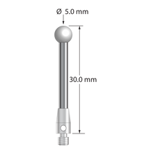 M3 stylus with 5.0 mm diameter zirconia ball, 2.5 mm diameter carbide stem, and 4.0 mm diameter x 7.0 mm long stainless steel base. Overall stylus length is 30.0 mm. Stylus weight is 2.38 grams.