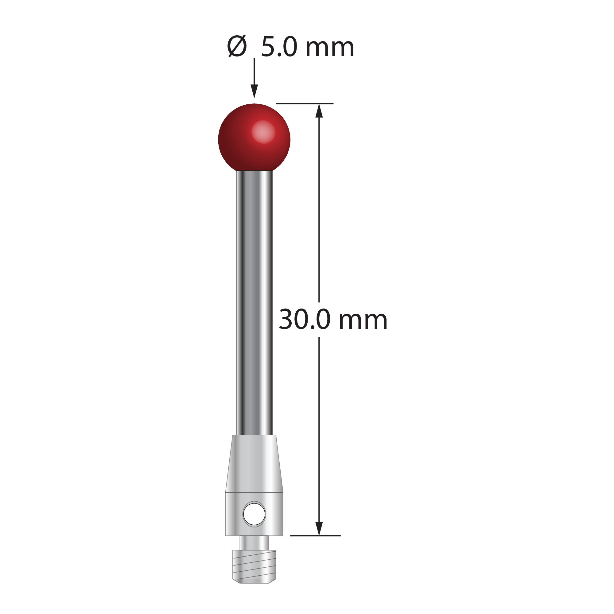 M3 stylus with 5.0 mm diameter ruby ball, 2.5 mm diameter carbide stem, and 4.0 mm diameter x 7.0 mm long stainless steel base. Overall stylus length is 30.0 mm. Stylus weight is 2.38 grams.