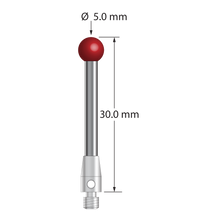 M3 stylus with 5.0 mm diameter ruby ball, 2.5 mm diameter carbide stem, and 4.0 mm diameter x 7.0 mm long stainless steel base. Overall stylus length is 30.0 mm. Stylus weight is 2.38 grams.
