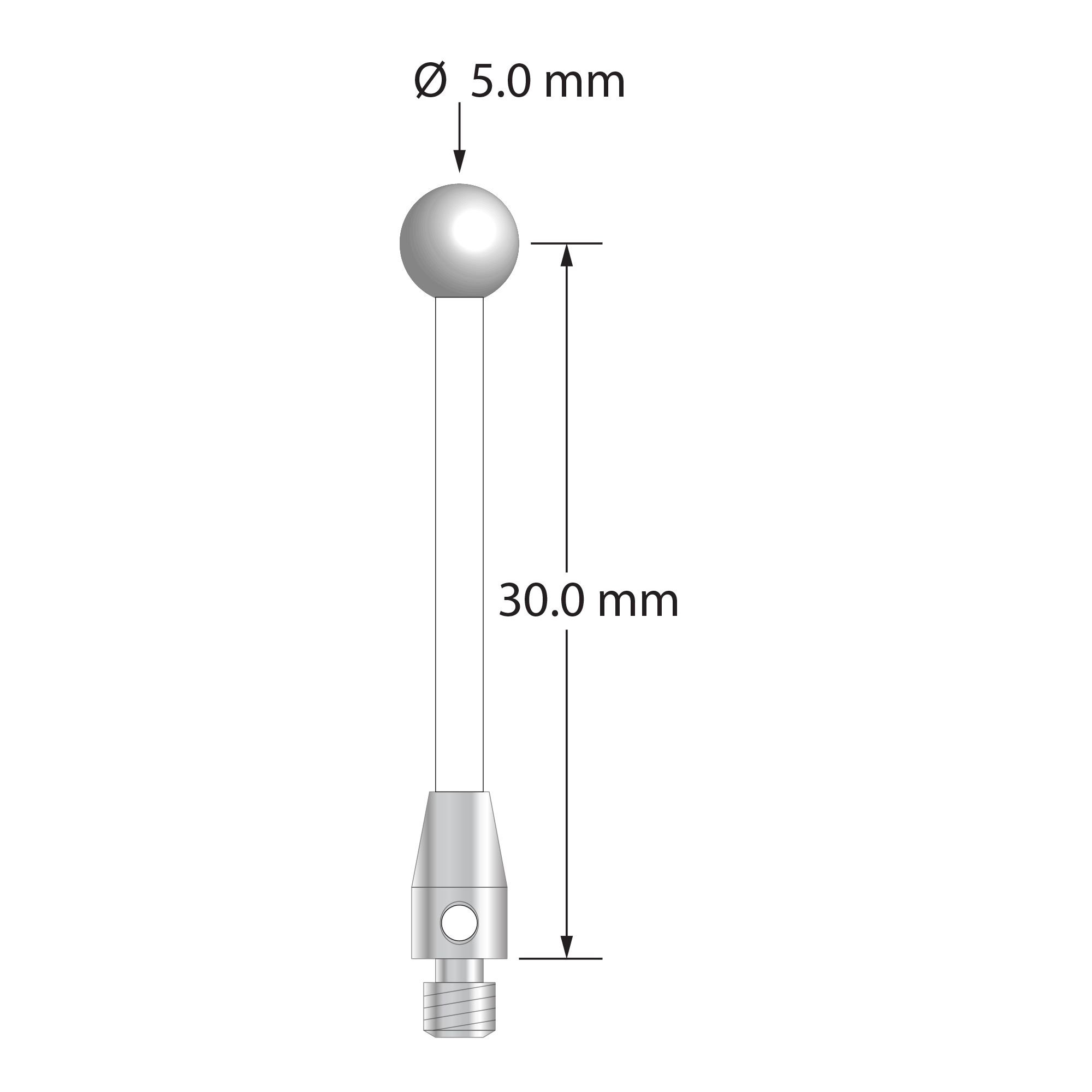 M3 stylus with 5.0 mm diameter zirconia ball, 2.0 mm diameter ceramic stem, and 4.0 mm diameter x 7.0 mm long stainless steel base. Stylus length to ball center is 30.0 mm. Stylus weight is 1.15 gram.