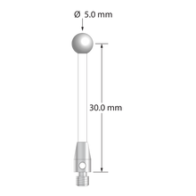 M3 stylus with 5.0 mm diameter zirconia ball, 2.0 mm diameter ceramic stem, and 4.0 mm diameter x 7.0 mm long stainless steel base. Stylus length to ball center is 30.0 mm. Stylus weight is 1.15 gram.