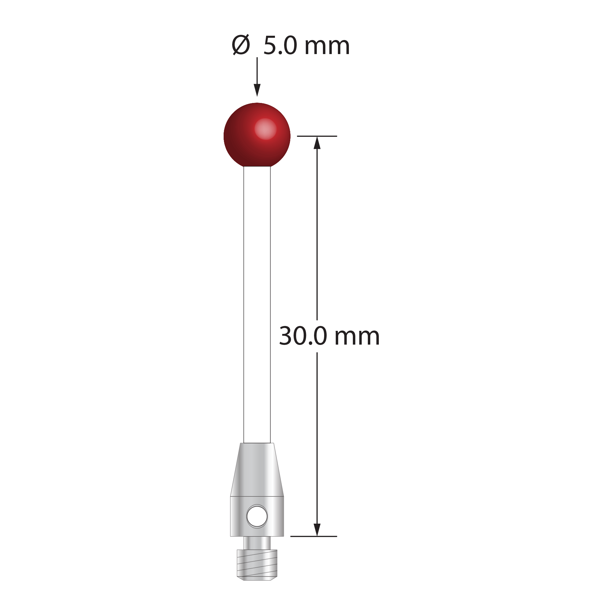 M3 stylus with 5.0 mm diameter ruby ball, 2.0 mm diameter ceramic stem, and 4.0 mm diameter x 7.0 mm long stainless steel base. Stylus length to ball center is 30.0 mm. Stylus weight is 1.15 gram. Compare to Zeiss 602030-8101-000.
