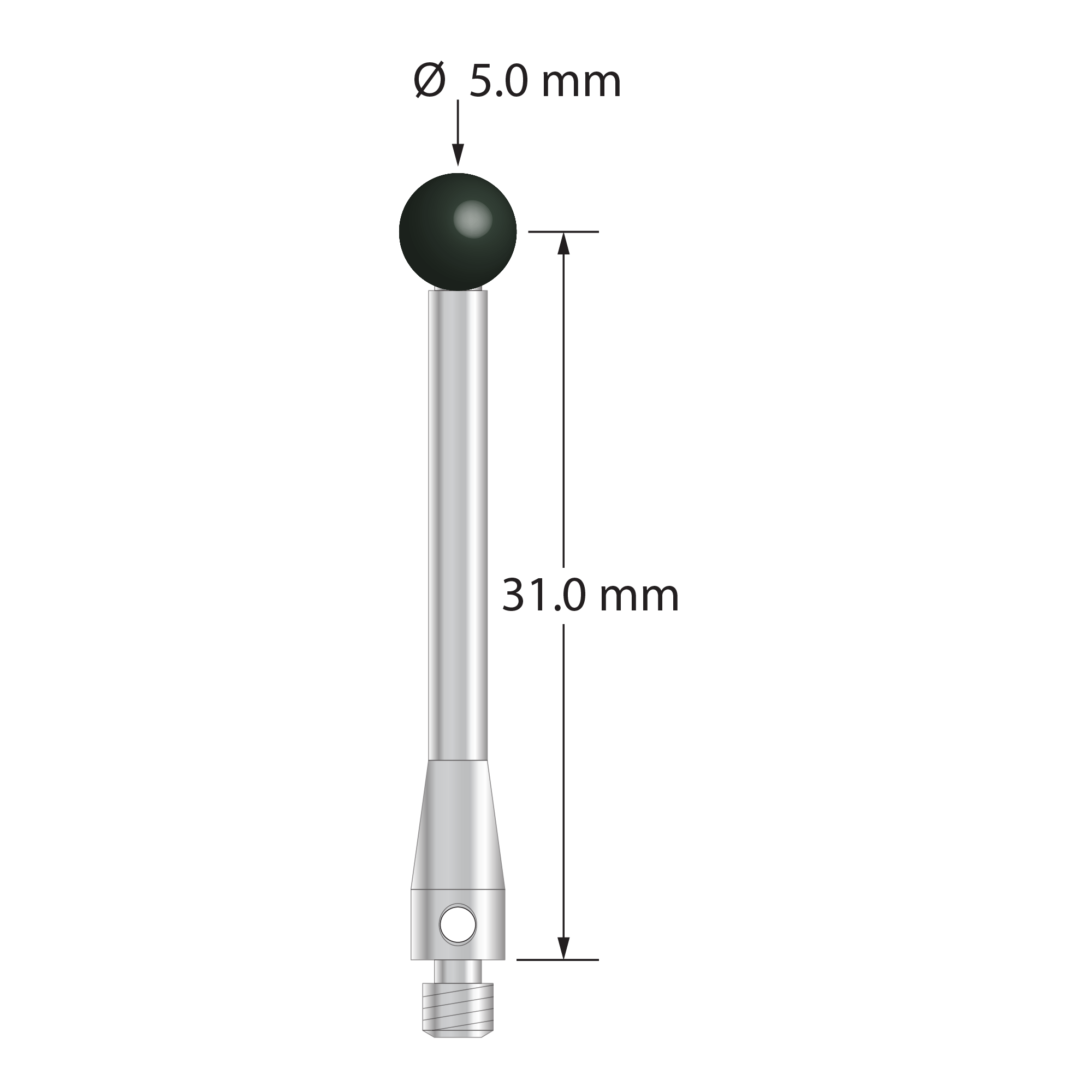 M3 stylus with 5.0 mm diameter silicon nitride ball, 3.5 mm diameter stainless steel stem, and 4.0 mm diameter x 8.5 mm long stainless steel base. Stylus length to ball center is 31.0 mm. Weight is 2.18 grams.