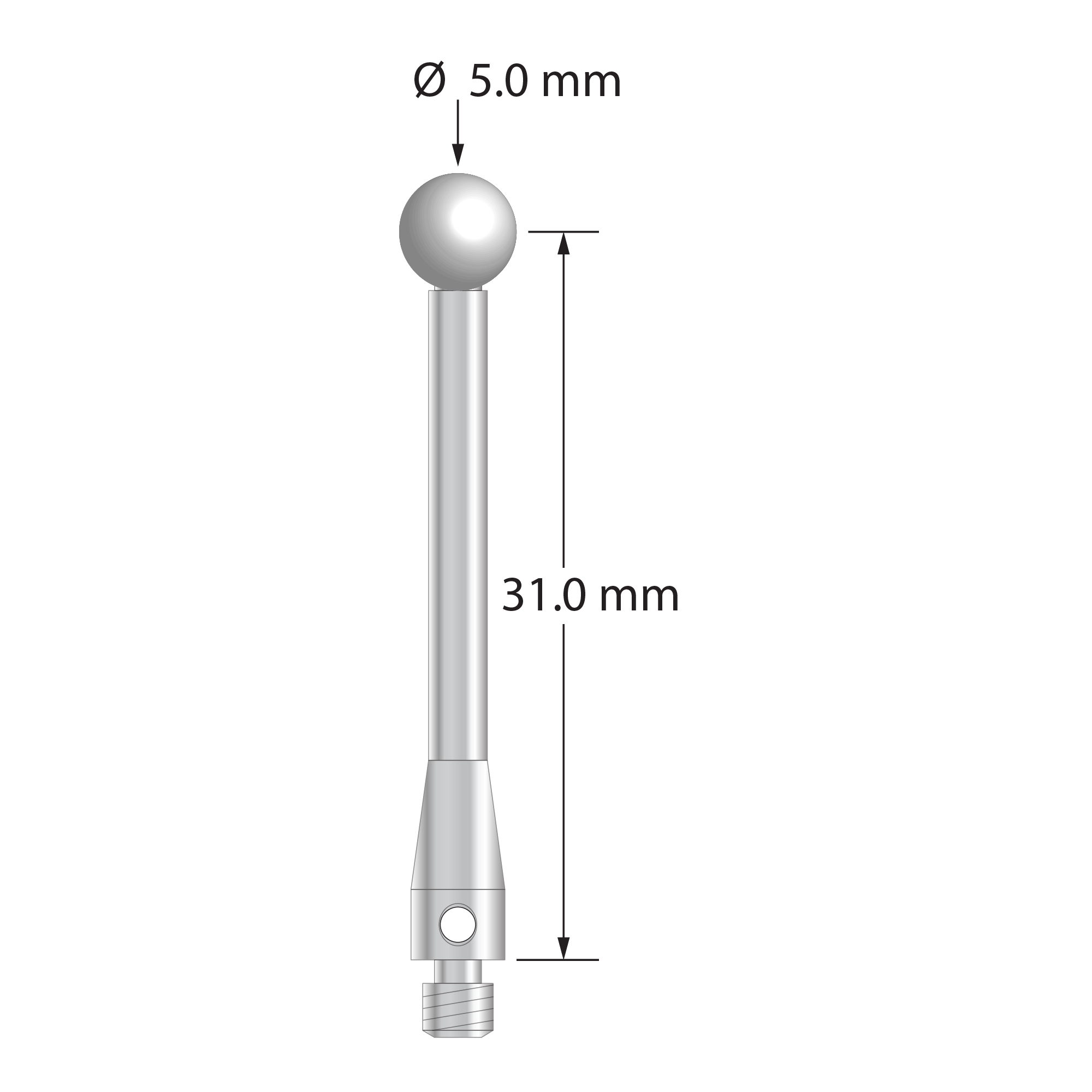 M3 stylus with 5.0 mm diameter zirconia ball, 3.5 mm diameter stainless steel stem, and 4.0 mm diameter x 8.5 mm long stainless steel base. Stylus length to ball center is 31.0 mm. Weight is 2.18 grams.