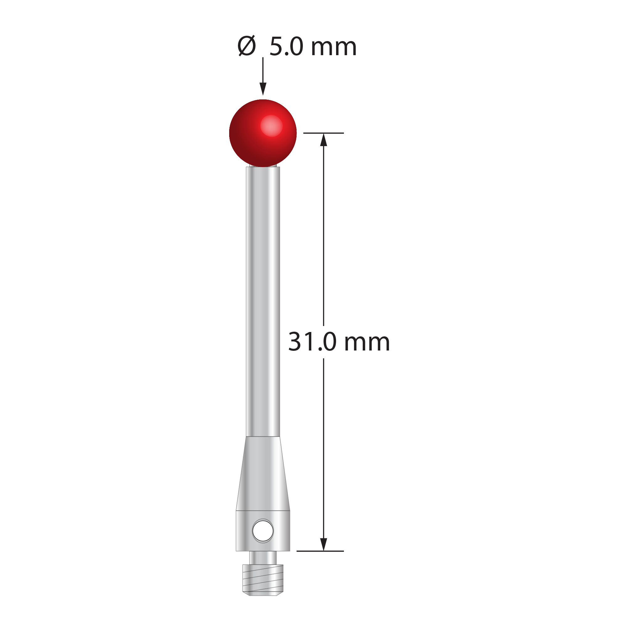 M3 stylus with 5.0 mm diameter silicon nitride ball, 3.5 mm diameter stainless steel stem, and 4.0 mm diameter x 8.5 mm long stainless steel base. Stylus length to ball center is 31.0 mm. Weight is 2.18 grams. Compare to Renishaw A-5000-7648, Mitutoyo K651150, and Hexagon 03969335.