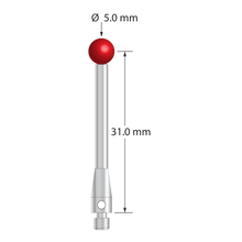M3 stylus with 5.0 mm diameter silicon nitride ball, 3.5 mm diameter stainless steel stem, and 4.0 mm diameter x 8.5 mm long stainless steel base. Stylus length to ball center is 31.0 mm. Weight is 2.18 grams. Compare to Renishaw A-5000-7648, Mitutoyo K651150, and Hexagon 03969335.