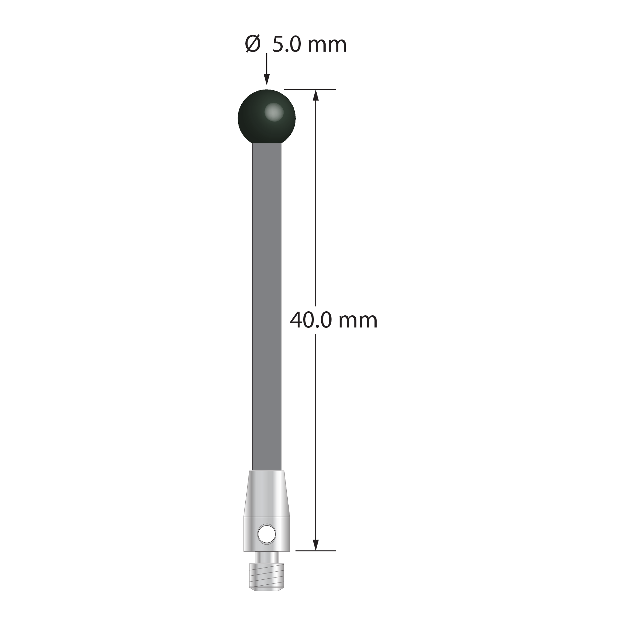 M3 stylus with 5.0 mm diameter silicon nitride ball, 2.5 mm diameter carbon fiber stem, and 4.0 mm diameter x 7.0 mm long stainless steel base. Overall stylus length is 40.0 mm. Stylus weight is 0.90 gram.