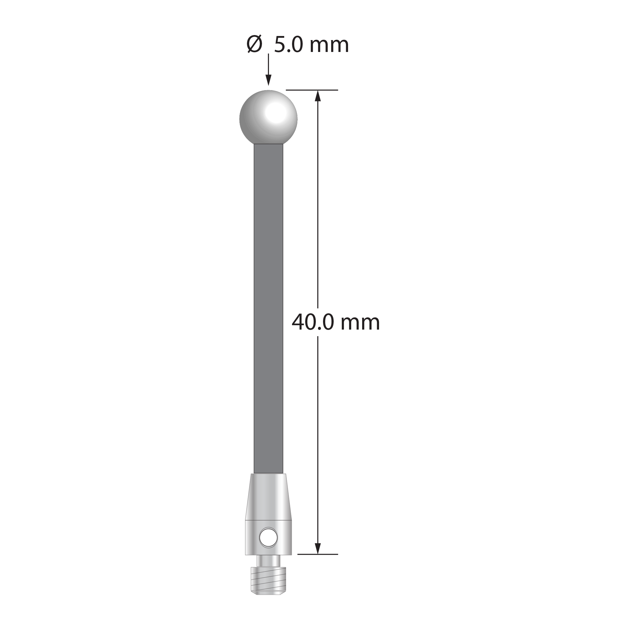 M3 stylus with 5.0 mm diameter zirconia ball, 2.5 mm diameter carbon fiber stem, and 4.0 mm diameter x 7.0 mm long stainless steel base. Overall stylus length is 40.0 mm. Stylus weight is 0.90 gram.