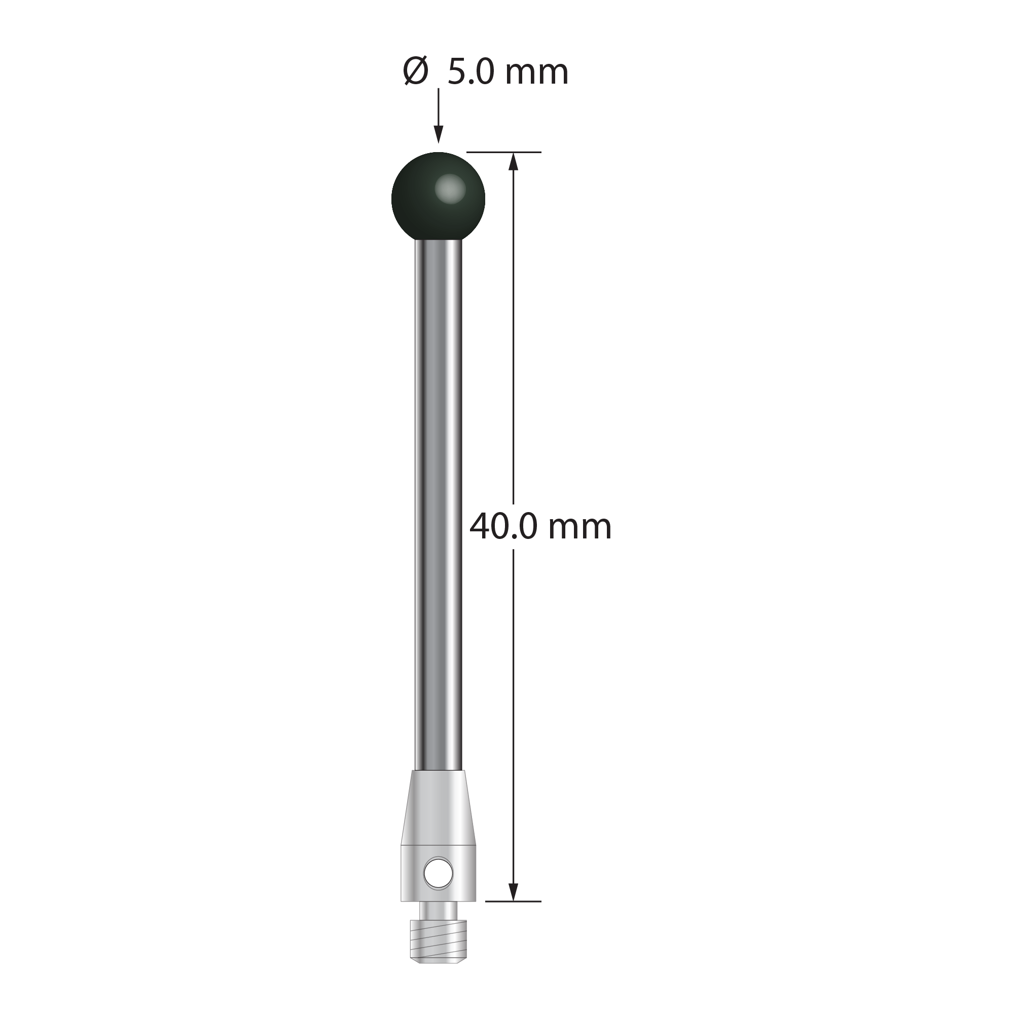 M3 stylus with 5.0 mm diameter silicon nitride ball, 2.5 mm diameter carbide stem, and 4.0 mm diameter x 7.0 mm long stainless steel base. Overall stylus length is 40.0 mm. Stylus weight is 2.72 grams.