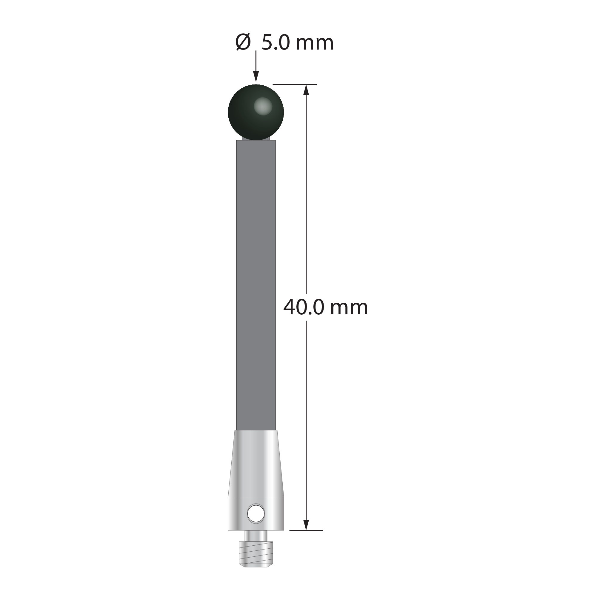 M3 stylus with 5.0 mm diameter silicon nitride ball, 3.5 mm diameter carbon fiber stem, and 5.0 mm diameter x 9.0 mm long titanium base. Overall stylus length is 40.0 mm. Stylus weight is 0.95 gram. Compare to Zeiss 626103-0501-040.