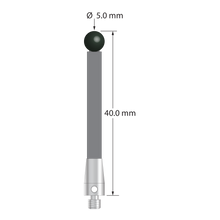 M3 stylus with 5.0 mm diameter silicon nitride ball, 3.5 mm diameter carbon fiber stem, and 5.0 mm diameter x 9.0 mm long titanium base. Overall stylus length is 40.0 mm. Stylus weight is 0.95 gram. Compare to Zeiss 626103-0501-040.