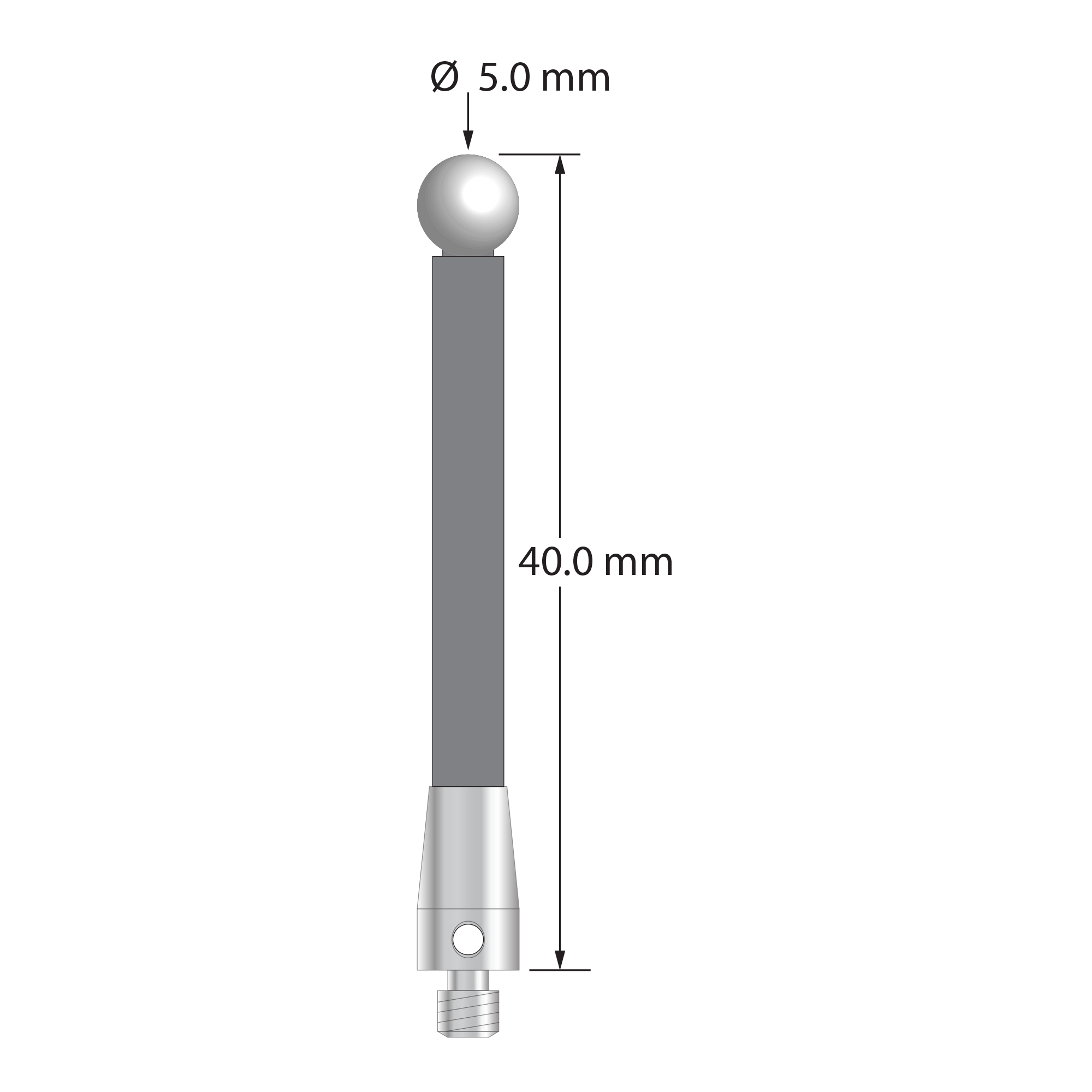 M3 stylus with 5.0 mm diameter zirconia ball, 3.5 mm diameter carbon fiber stem, and 5.0 mm diameter x 9.0 mm long titanium base. Overall stylus length is 40.0 mm. Stylus weight is 0.95 gram.