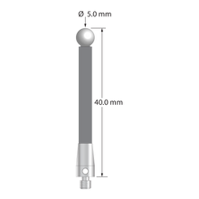 M3 stylus with 5.0 mm diameter zirconia ball, 3.5 mm diameter carbon fiber stem, and 5.0 mm diameter x 9.0 mm long titanium base. Overall stylus length is 40.0 mm. Stylus weight is 0.95 gram.