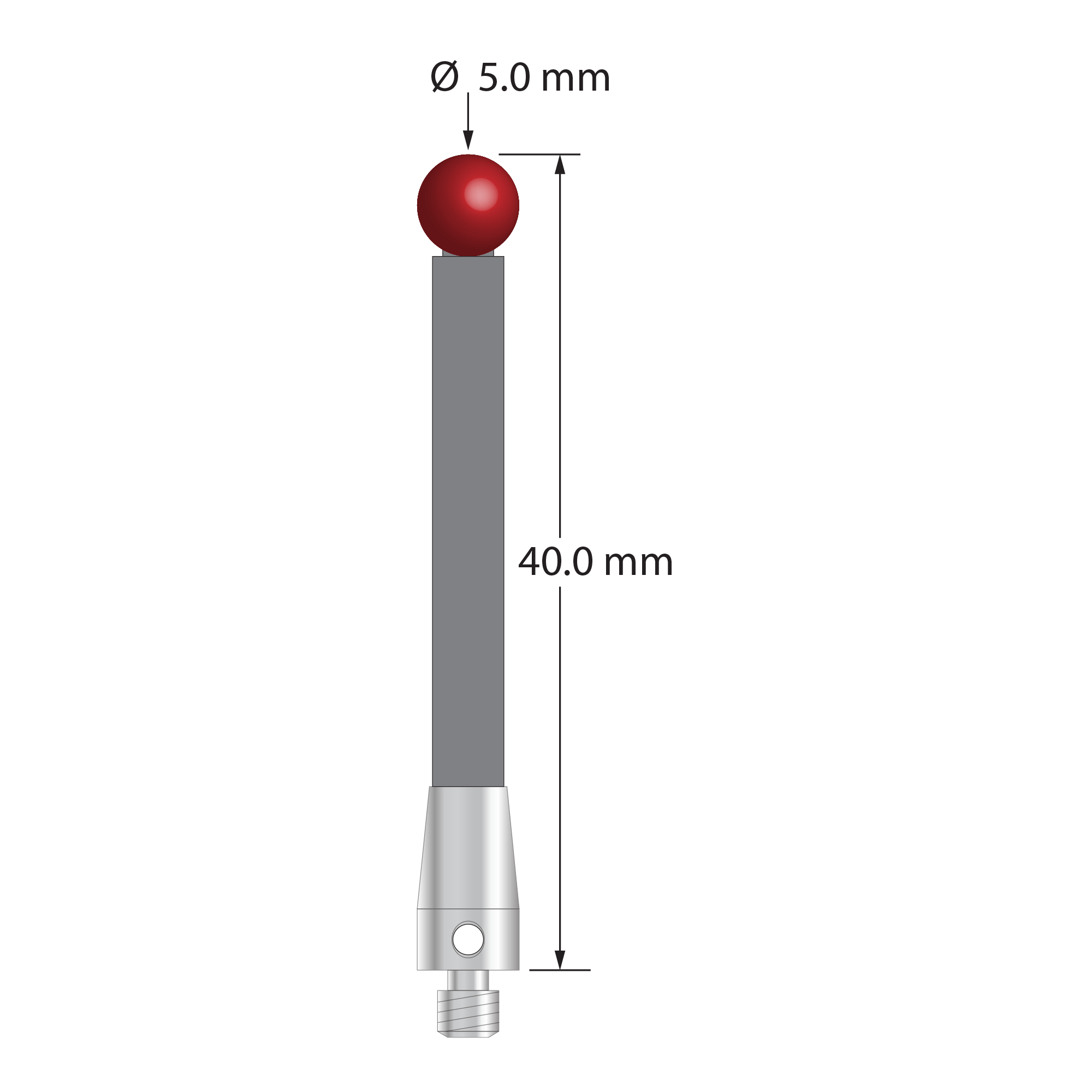 M3 stylus with 5.0 mm diameter ruby ball, 3.5 mm diameter carbon fiber stem, and 5.0 mm diameter x 9.0 mm long titanium base. Overall stylus length is 40.0 mm. Stylus weight is 0.95 gram. Compare to Zeiss 626103-0500-040.