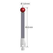 M3 stylus with 5.0 mm diameter ruby ball, 3.5 mm diameter carbon fiber stem, and 5.0 mm diameter x 9.0 mm long titanium base. Overall stylus length is 40.0 mm. Stylus weight is 0.95 gram. Compare to Zeiss 626103-0500-040.