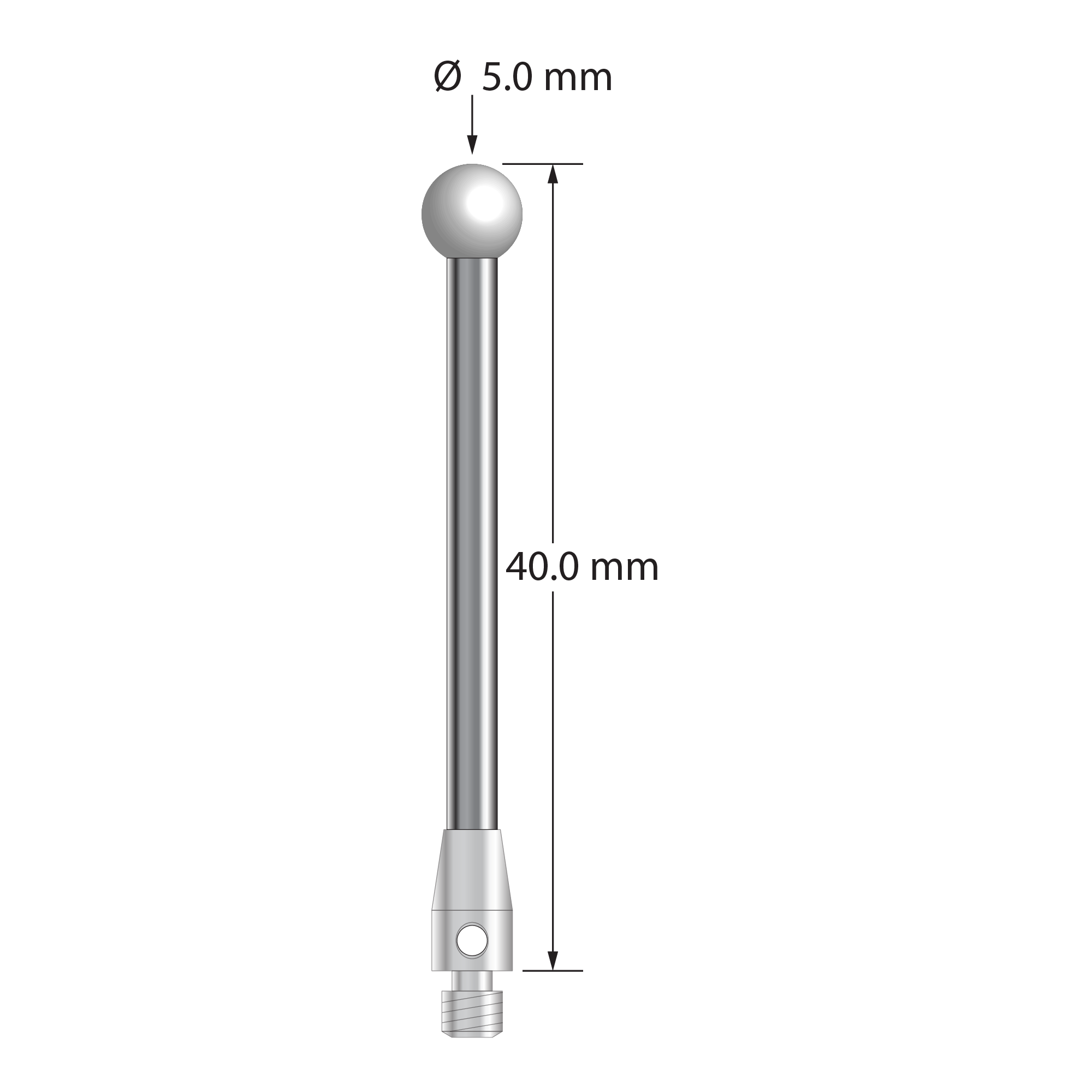 M3 stylus with 5.0 mm diameter zirconia ball, 2.5 mm diameter carbide stem, and 4.0 mm diameter x 7.0 mm long stainless steel base. Overall stylus length is 40.0 mm. Stylus weight is 2.72 grams.