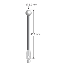 M3 stylus with 5.0 mm diameter zirconia ball, 2.5 mm diameter carbide stem, and 4.0 mm diameter x 7.0 mm long stainless steel base. Overall stylus length is 40.0 mm. Stylus weight is 2.72 grams.