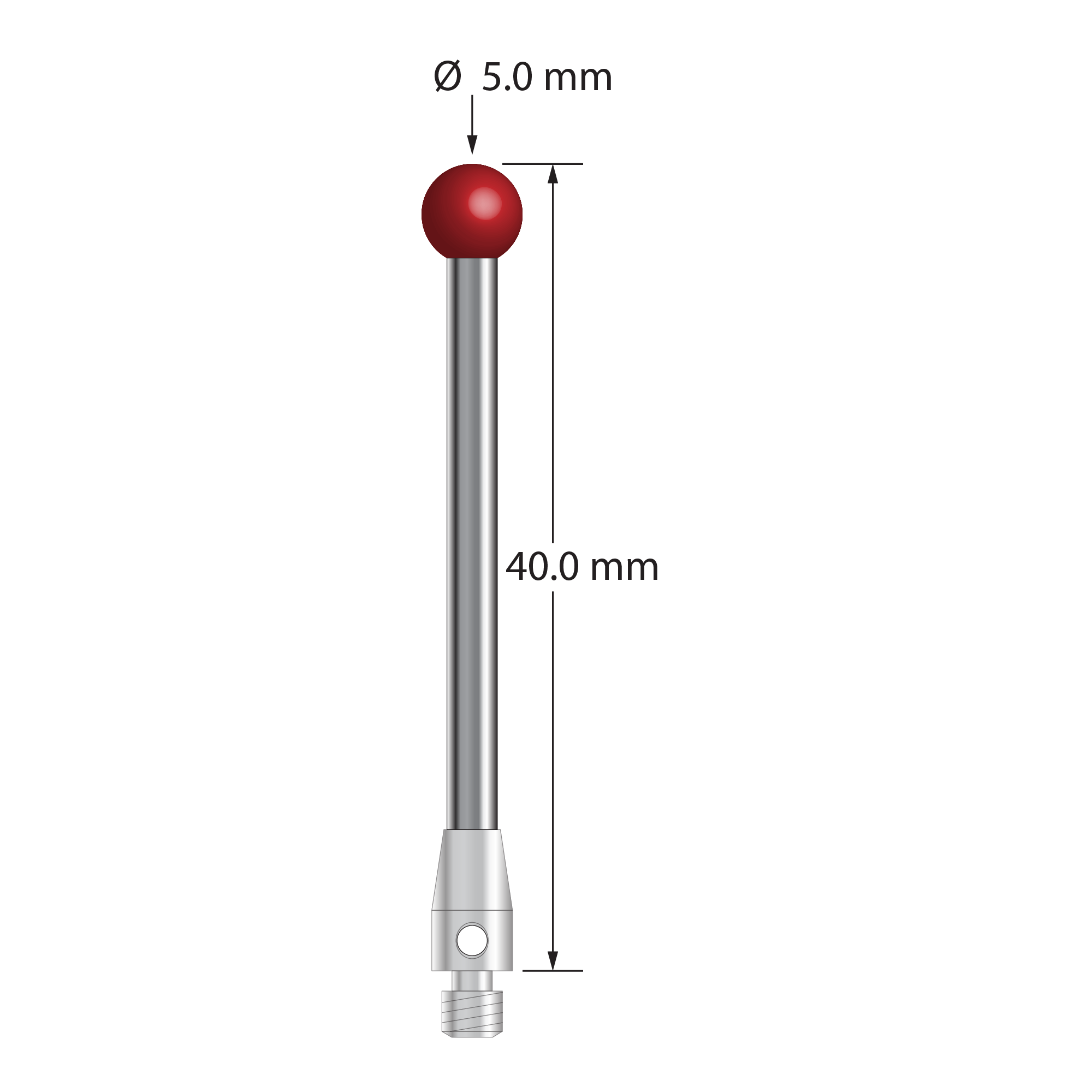 M3 stylus with 5.0 mm diameter ruby ball, 2.5 mm diameter carbide stem, and 4.0 mm diameter x 7.0 mm long stainless steel base. Overall stylus length is 40.0 mm. Stylus weight is 2.72 grams.