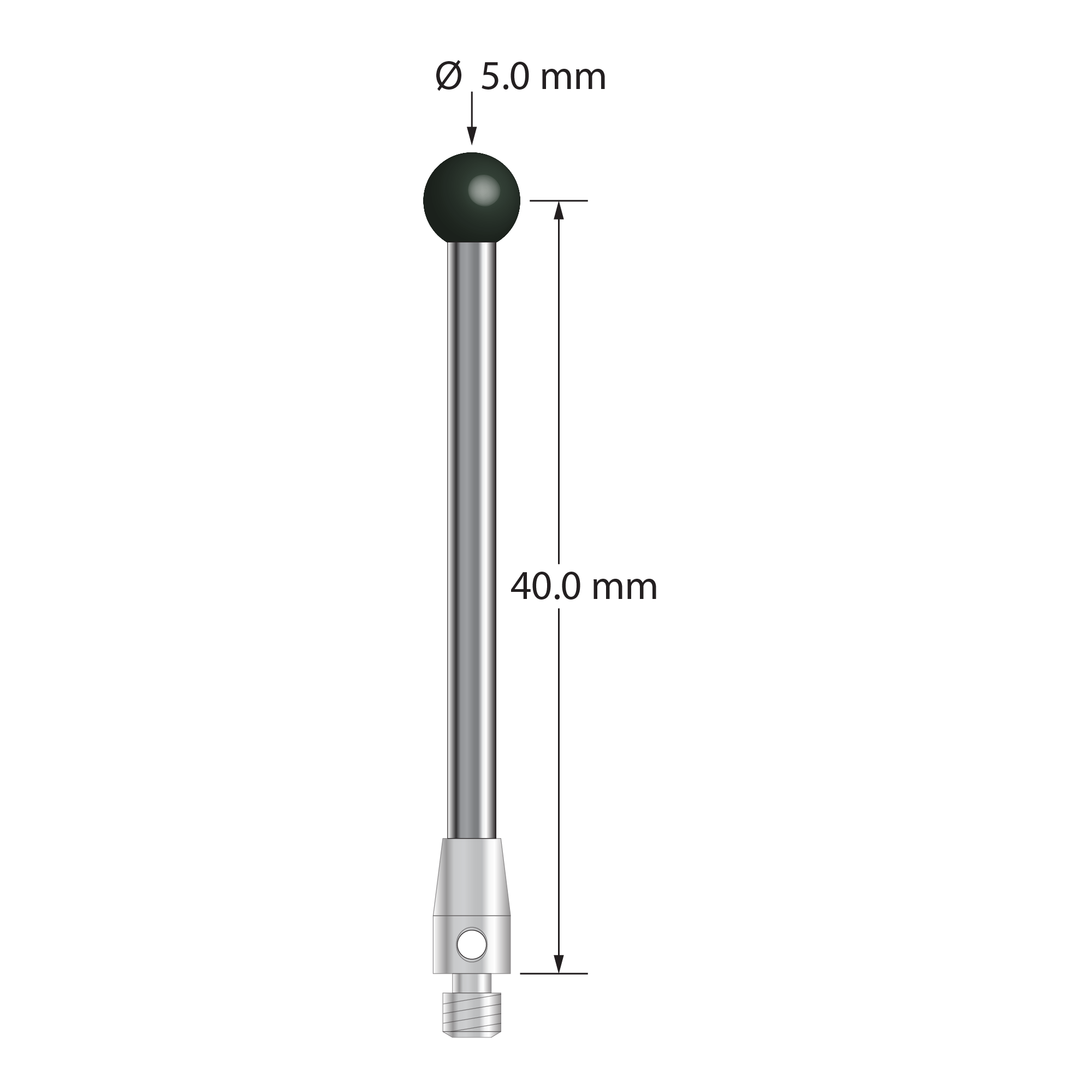 M3 stylus with 5.0 mm diameter silicon nitride ball, 2.5 mm diameter carbide stem, and 4.0 mm diameter x 7.0 mm long stainless steel base. Stylus length to ball center is 40.0 mm. Stylus weight is 2.86 grams.