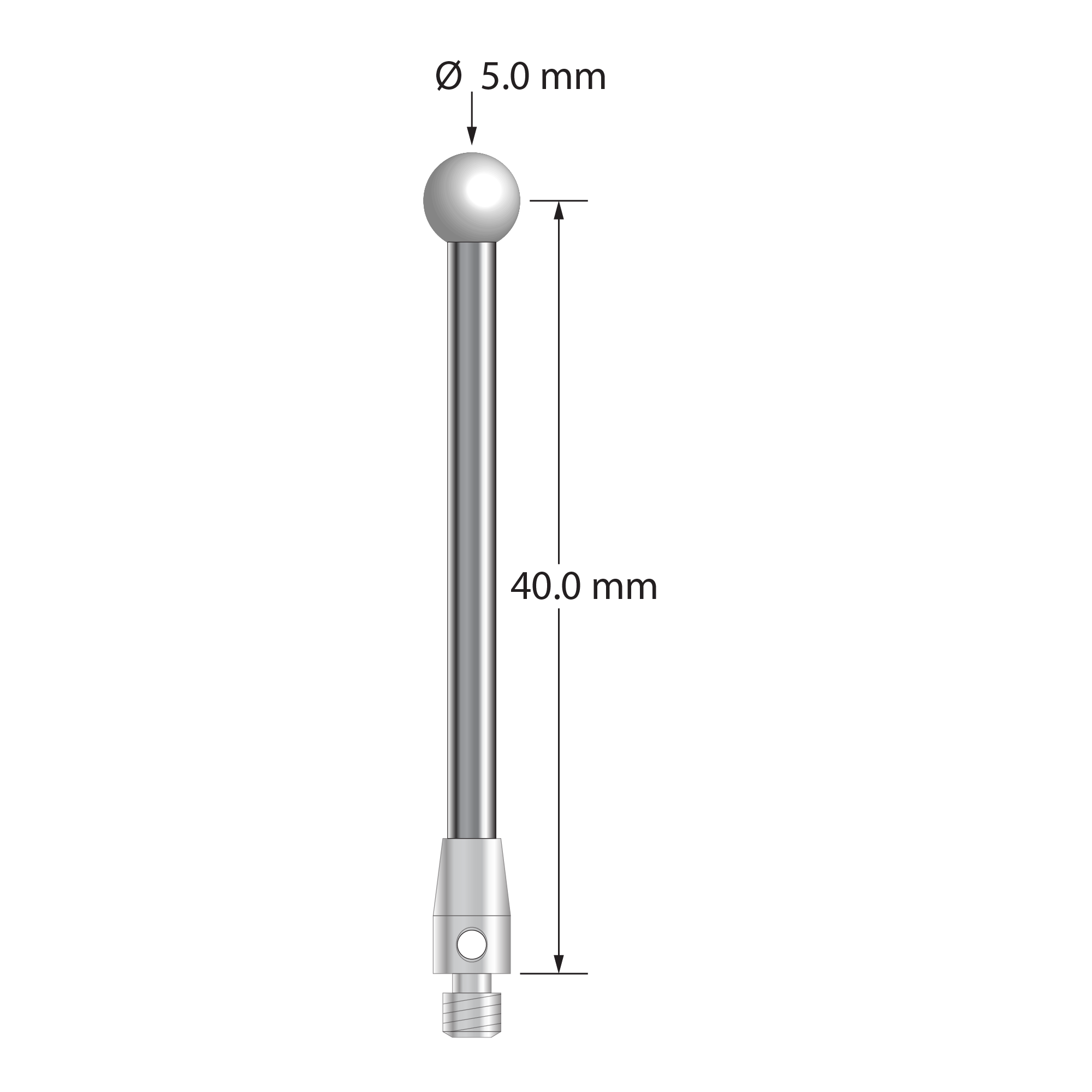 M3 stylus with 5.0 mm diameter zirconia ball, 2.5 mm diameter carbide stem, and 4.0 mm diameter x 7.0 mm long stainless steel base. Stylus length to ball center is 40.0 mm. Stylus weight is 2.86 grams.