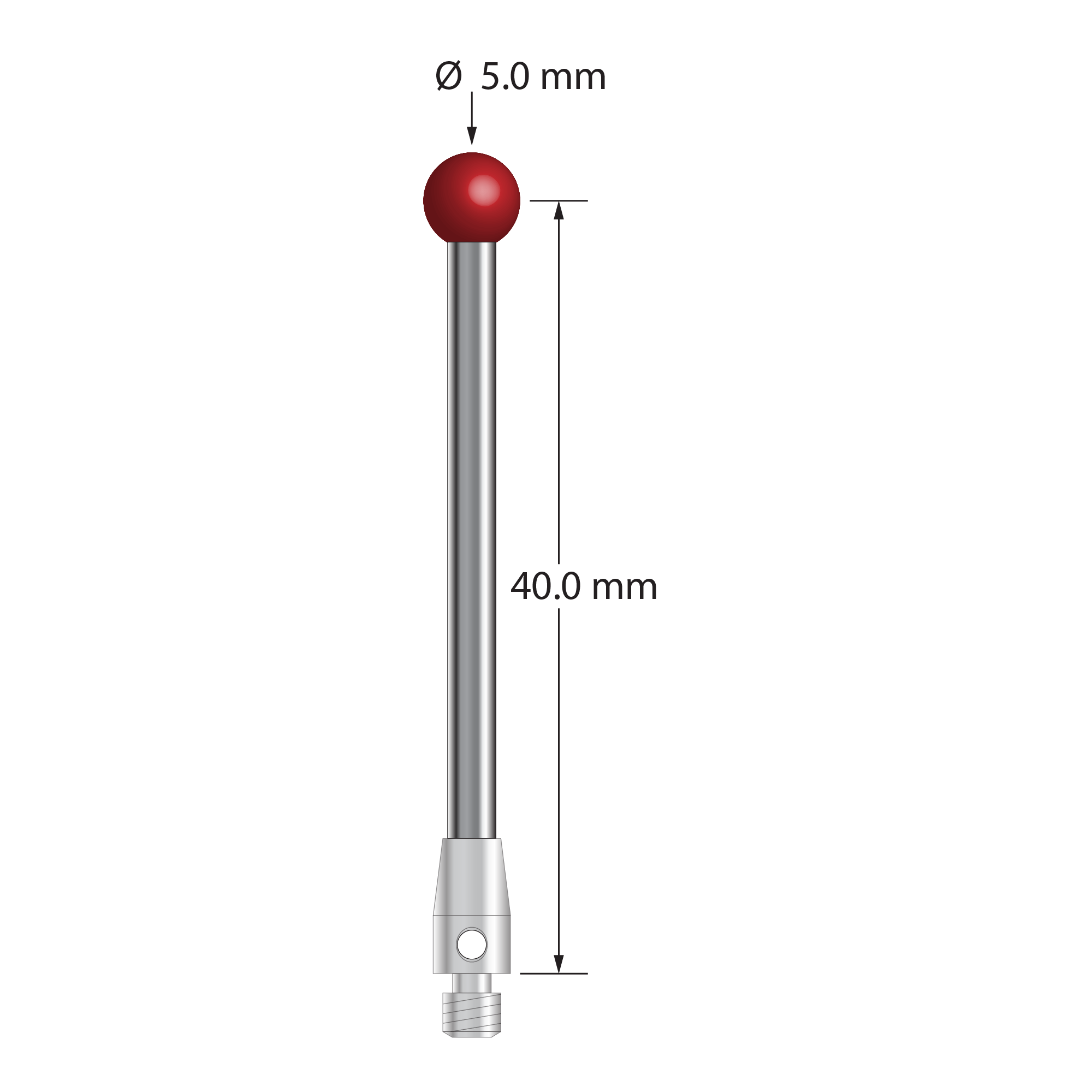 M3 stylus with 5.0 mm diameter ruby ball, 2.5 mm diameter carbide stem, and 4.0 mm diameter x 7.0 mm long stainless steel base. Stylus length to ball center is 40.0 mm. Stylus weight is 2.86 grams. Compare to Renishaw A-5003-0062 and Mitutoyo K651131.