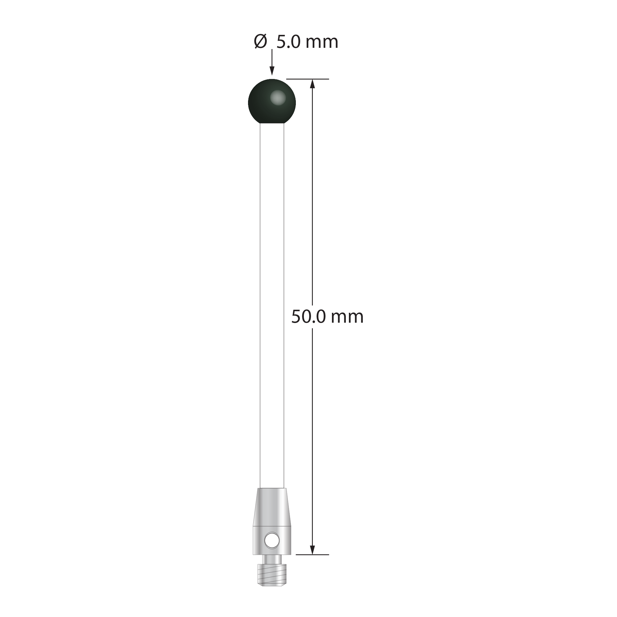 M3 stylus with 5.0 mm diameter silicon nitride ball, 2.5 mm diameter ceramic stem, and 4.0 mm diameter x 7.0 mm long stainless steel base. Overall stylus length is 50.0 mm. Stylus weight is 1.41 grams.