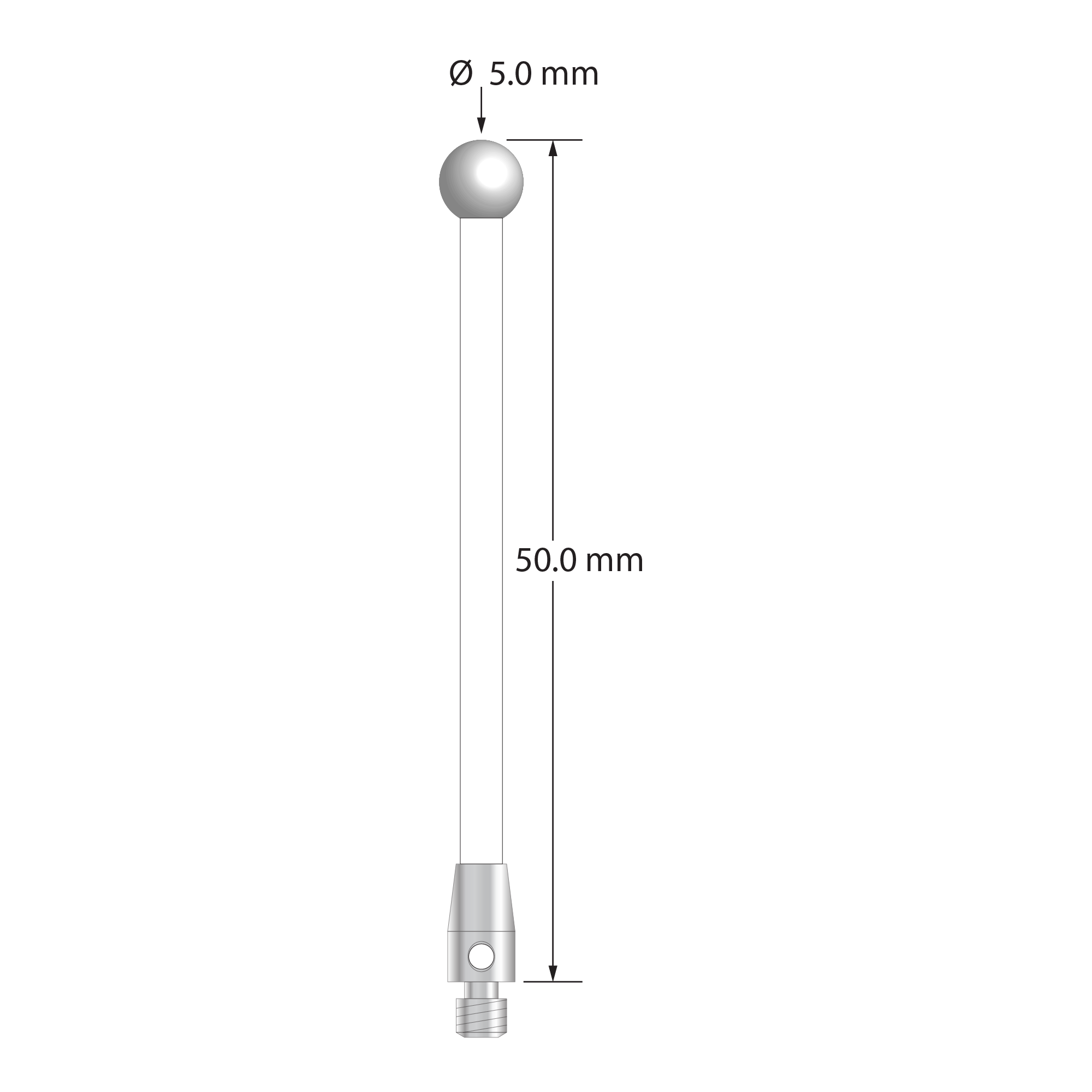 M3 stylus with 5.0 mm diameter zirconia ball, 2.5 mm diameter ceramic stem, and 4.0 mm diameter x 7.0 mm long stainless steel base. Overall stylus length is 50.0 mm. Stylus weight is 1.41 grams.