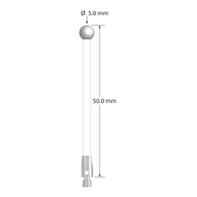 M3 stylus with 5.0 mm diameter zirconia ball, 2.5 mm diameter ceramic stem, and 4.0 mm diameter x 7.0 mm long stainless steel base. Overall stylus length is 50.0 mm. Stylus weight is 1.41 grams.