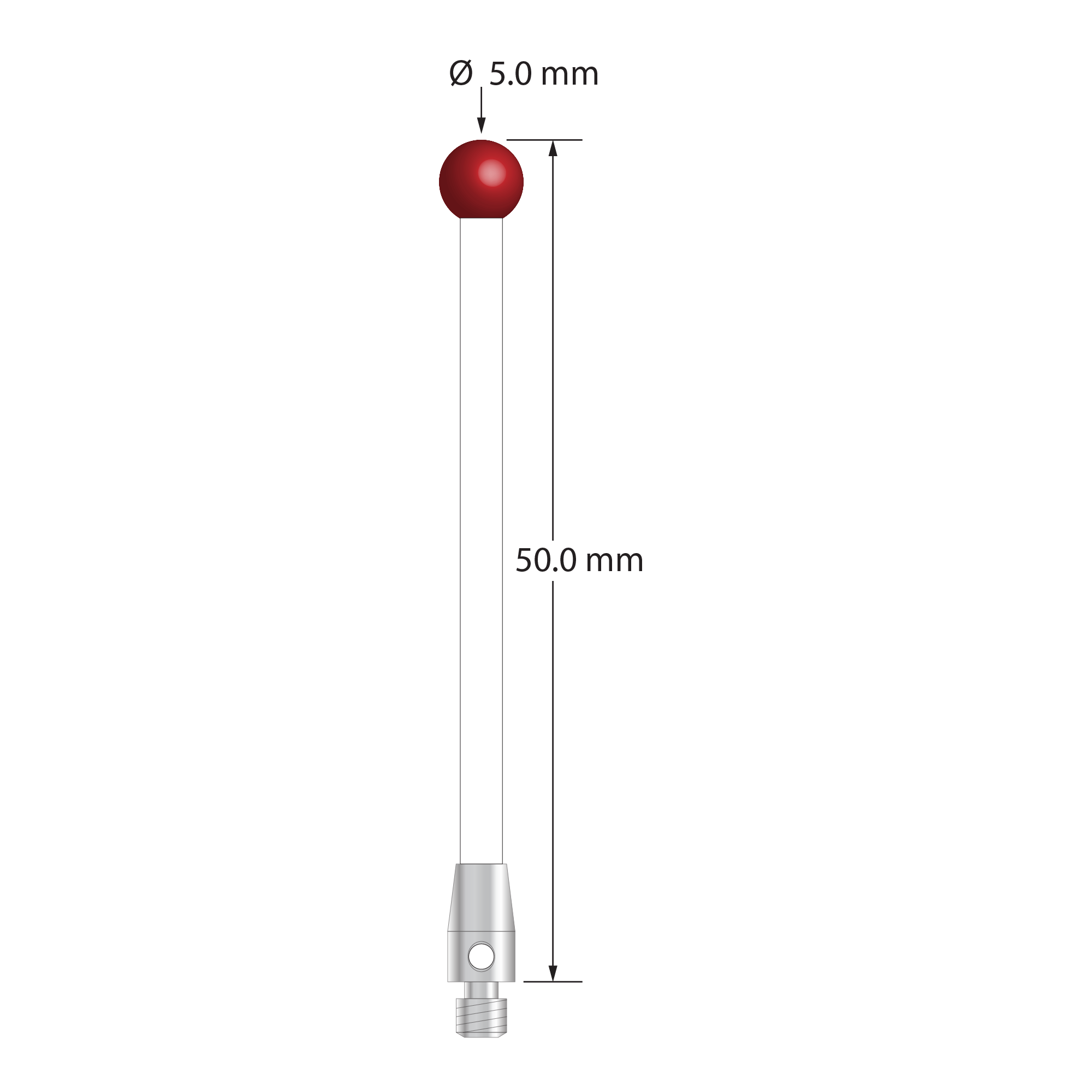 M3 stylus with 5.0 mm diameter ruby ball, 2.5 mm diameter ceramic stem, and 4.0 mm diameter x 7.0 mm long stainless steel base. Overall stylus length is 50.0 mm. Stylus weight is 1.41 grams.