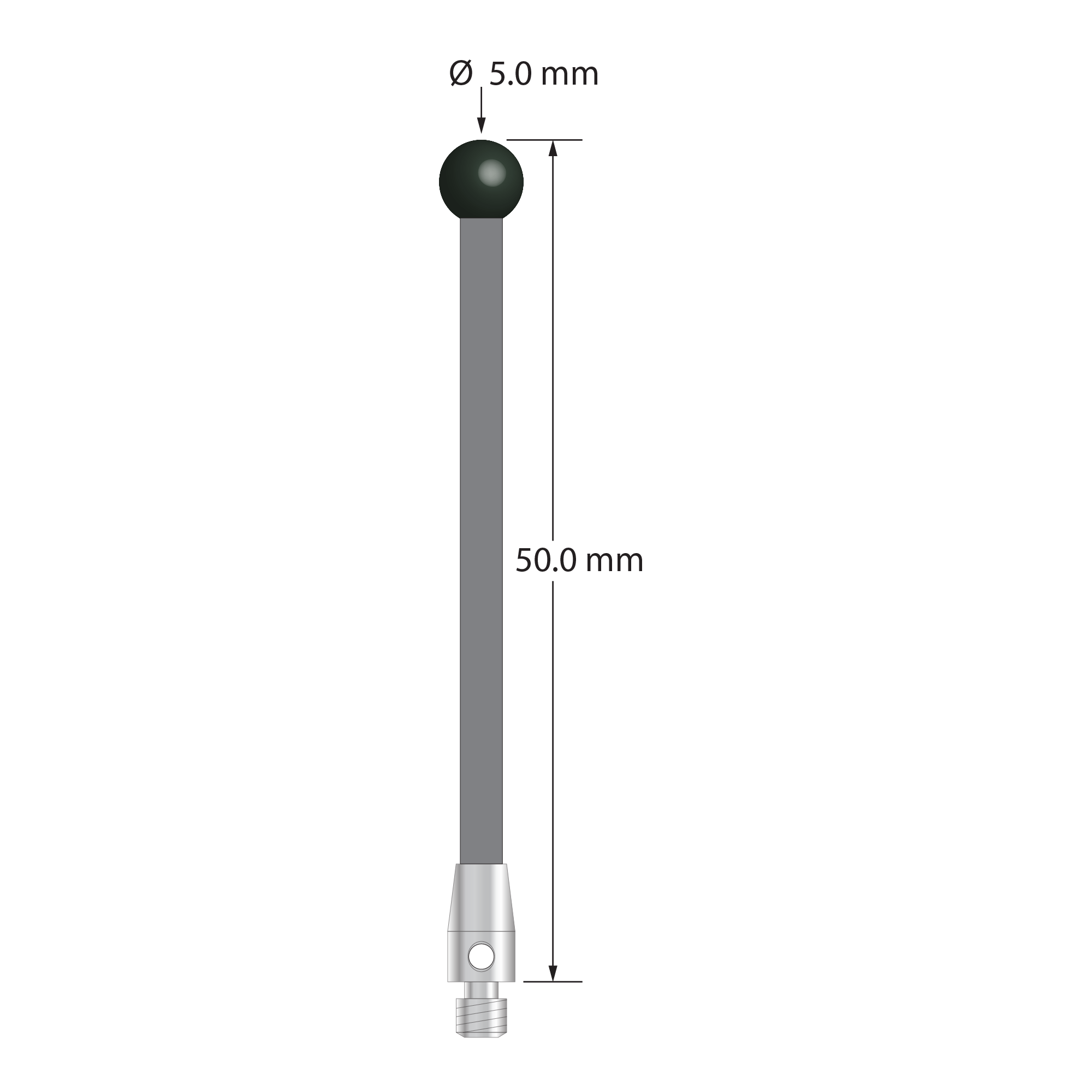 M3 stylus with 5.0 mm diameter silicon nitride ball, 2.5 mm diameter carbon fiber stem, and 4.0 mm diameter x 7.0 mm long stainless steel base. Overall stylus length is 50.0 mm. Stylus weight is 0.97 gram.