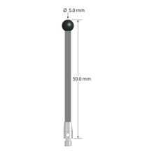 M3 stylus with 5.0 mm diameter silicon nitride ball, 2.5 mm diameter carbon fiber stem, and 4.0 mm diameter x 7.0 mm long stainless steel base. Overall stylus length is 50.0 mm. Stylus weight is 0.97 gram.