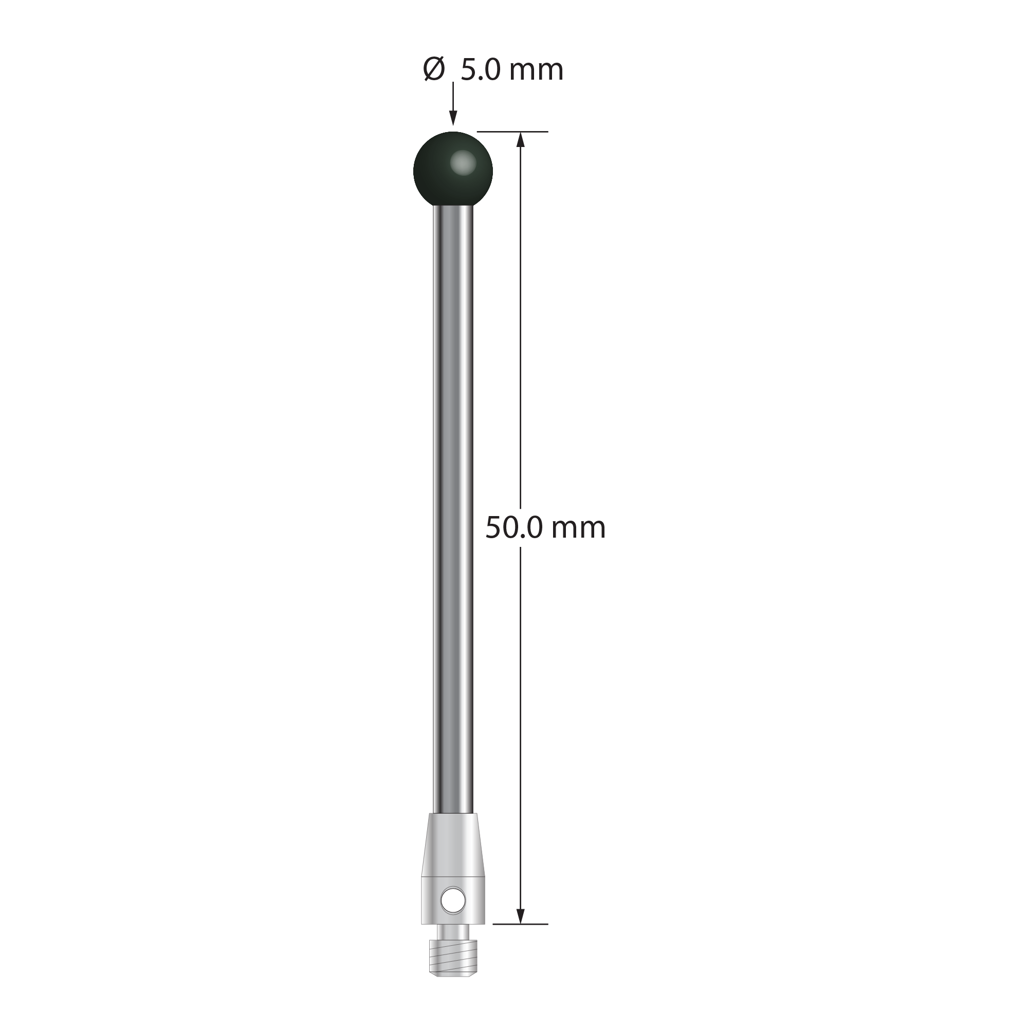M3 stylus with 5.0 mm diameter silicon nitride ball, 2.5 mm diameter carbide stem, and 4.0 mm diameter x 7.0 mm long stainless steel base. Overall stylus length is 50.0 mm. Stylus weight is 3.40 grams.