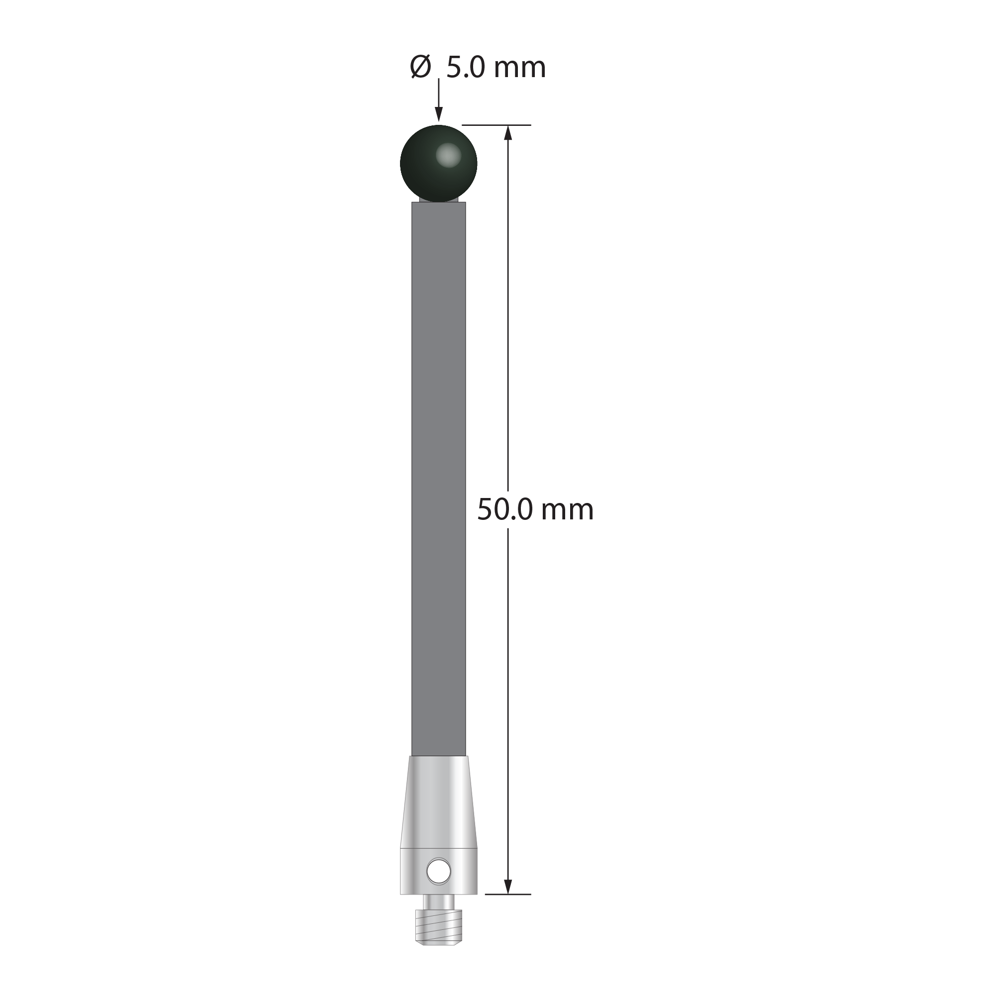 M3 stylus with 5.0 mm diameter silicon nitride ball, 3.5 mm diameter carbon fiber stem, and 5.0 mm diameter x 9.0 mm long titanium base. Overall stylus length is 50.0 mm. Stylus weight is 1.10 grams. Compare to Zeiss 626103-0502-050.