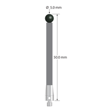 M3 stylus with 5.0 mm diameter silicon nitride ball, 3.5 mm diameter carbon fiber stem, and 5.0 mm diameter x 9.0 mm long titanium base. Overall stylus length is 50.0 mm. Stylus weight is 1.10 grams. Compare to Zeiss 626103-0502-050.