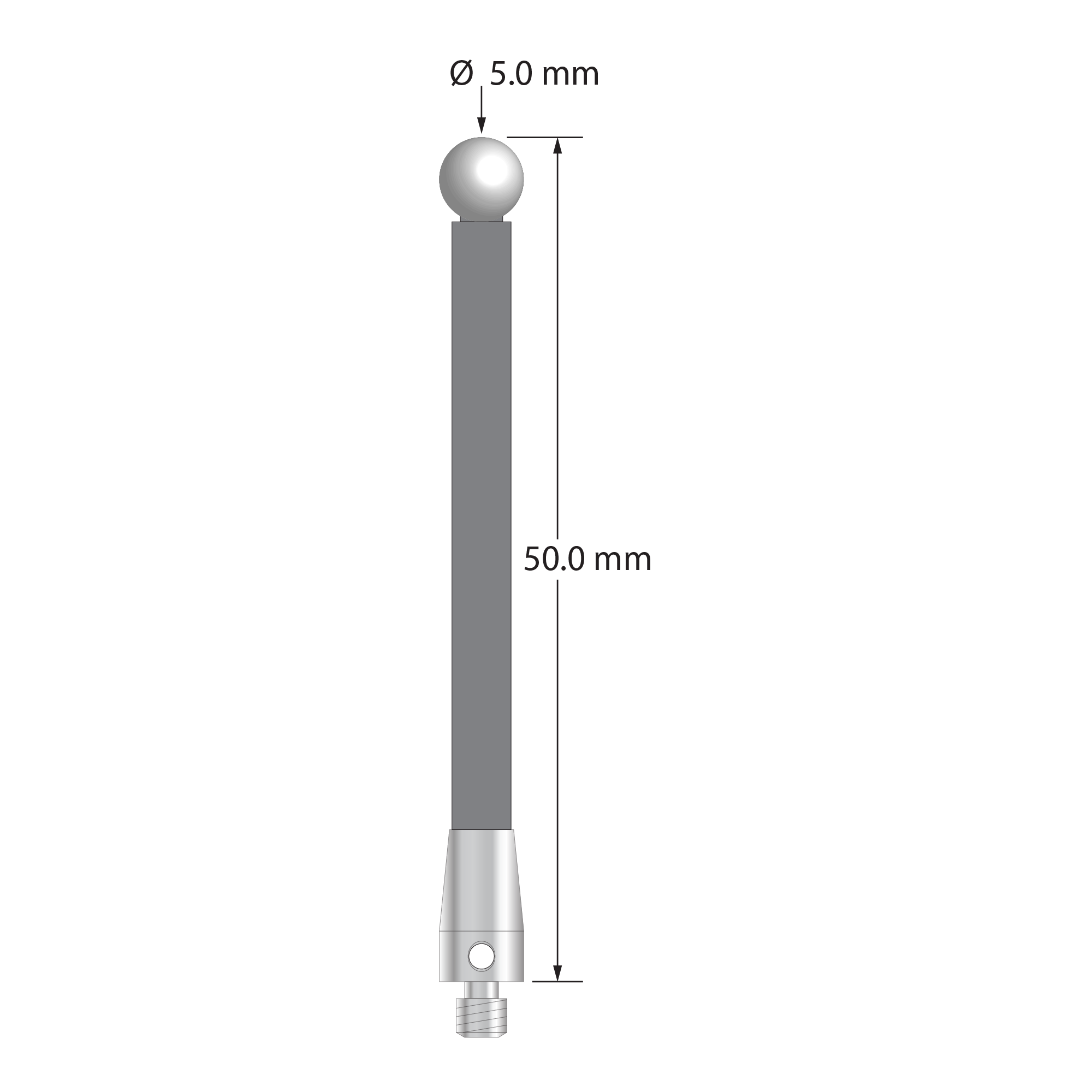 M3 stylus with 5.0 mm diameter zirconia ball, 3.5 mm diameter carbon fiber stem, and 5.0 mm diameter x 9.0 mm long titanium base. Overall stylus length is 50.0 mm. Stylus weight is 1.10 grams.