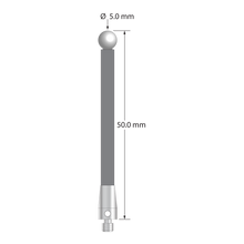 M3 stylus with 5.0 mm diameter zirconia ball, 3.5 mm diameter carbon fiber stem, and 5.0 mm diameter x 9.0 mm long titanium base. Overall stylus length is 50.0 mm. Stylus weight is 1.10 grams.