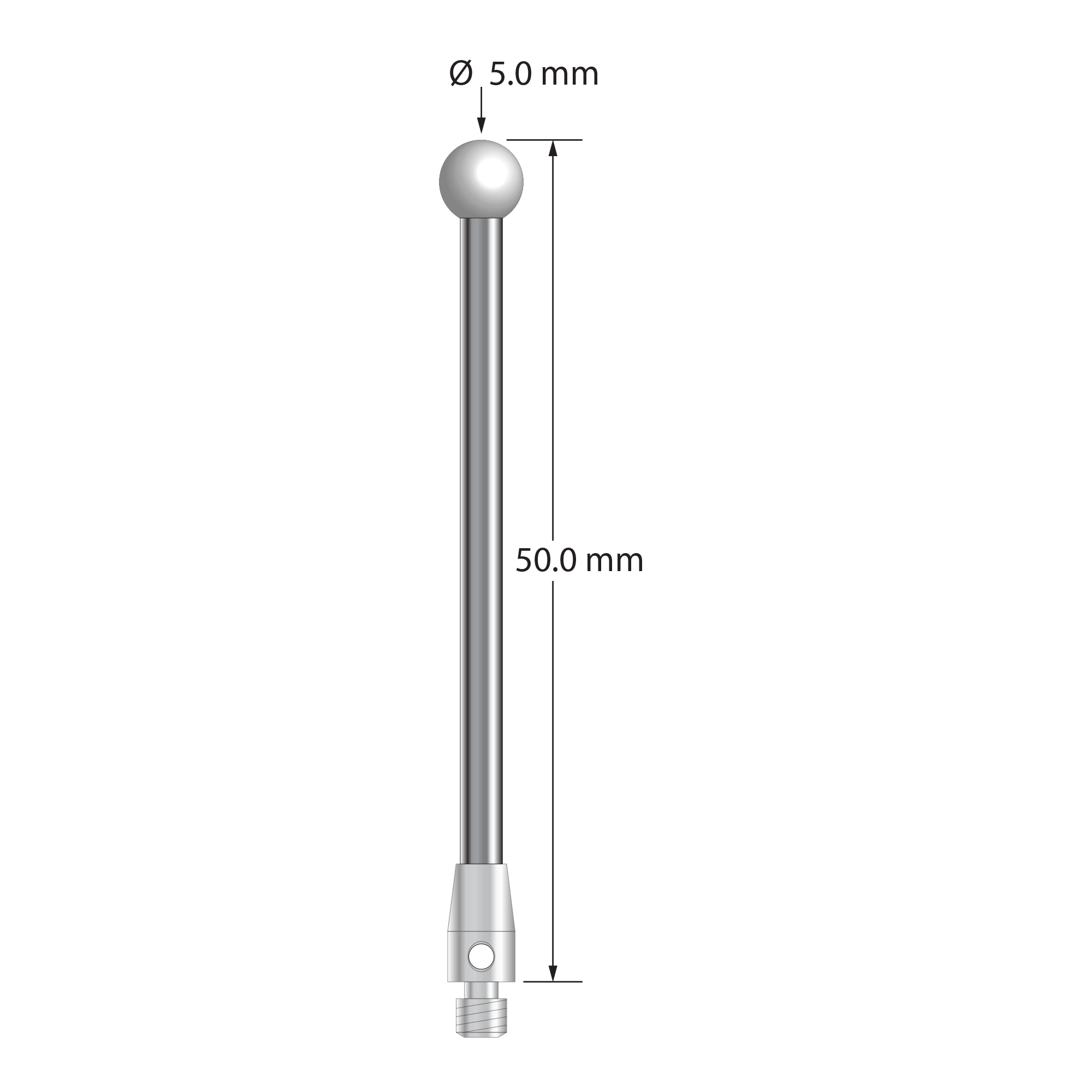 M3 stylus with 5.0 mm diameter zirconia ball, 2.5 mm diameter carbide stem, and 4.0 mm diameter x 7.0 mm long stainless steel base. Overall stylus length is 50.0 mm. Stylus weight is 3.40 grams.