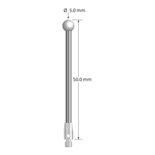M3 stylus with 5.0 mm diameter zirconia ball, 2.5 mm diameter carbide stem, and 4.0 mm diameter x 7.0 mm long stainless steel base. Overall stylus length is 50.0 mm. Stylus weight is 3.40 grams.