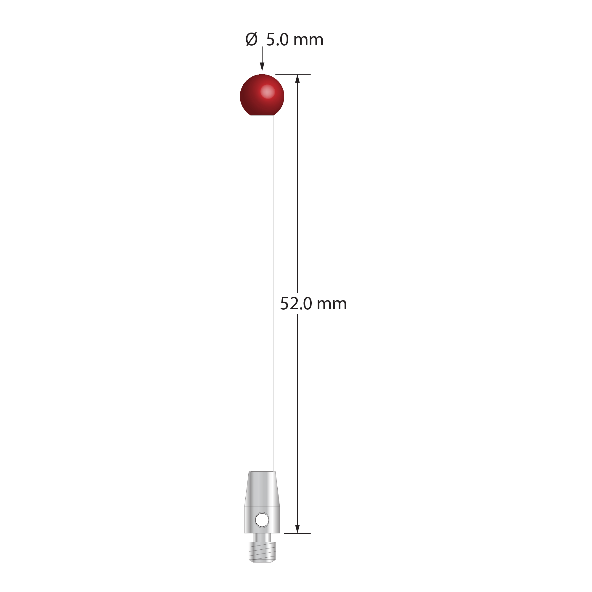 M3 stylus with 5.0 mm diameter ruby ball, 2.5 mm diameter ceramic stem, and 4.0 mm diameter x 7.0 mm long stainless steel base. Overall stylus length is 52.0 mm. Stylus weight is 1.45 grams.